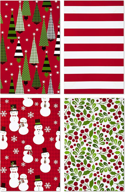 Medium Christmas Gift Boxes with Lids (12 Shirt Boxes, 4 Designs: Trees, Stripes, Snowmen, Holly) for Christmas, Holiday Parties, Hostess Gifts