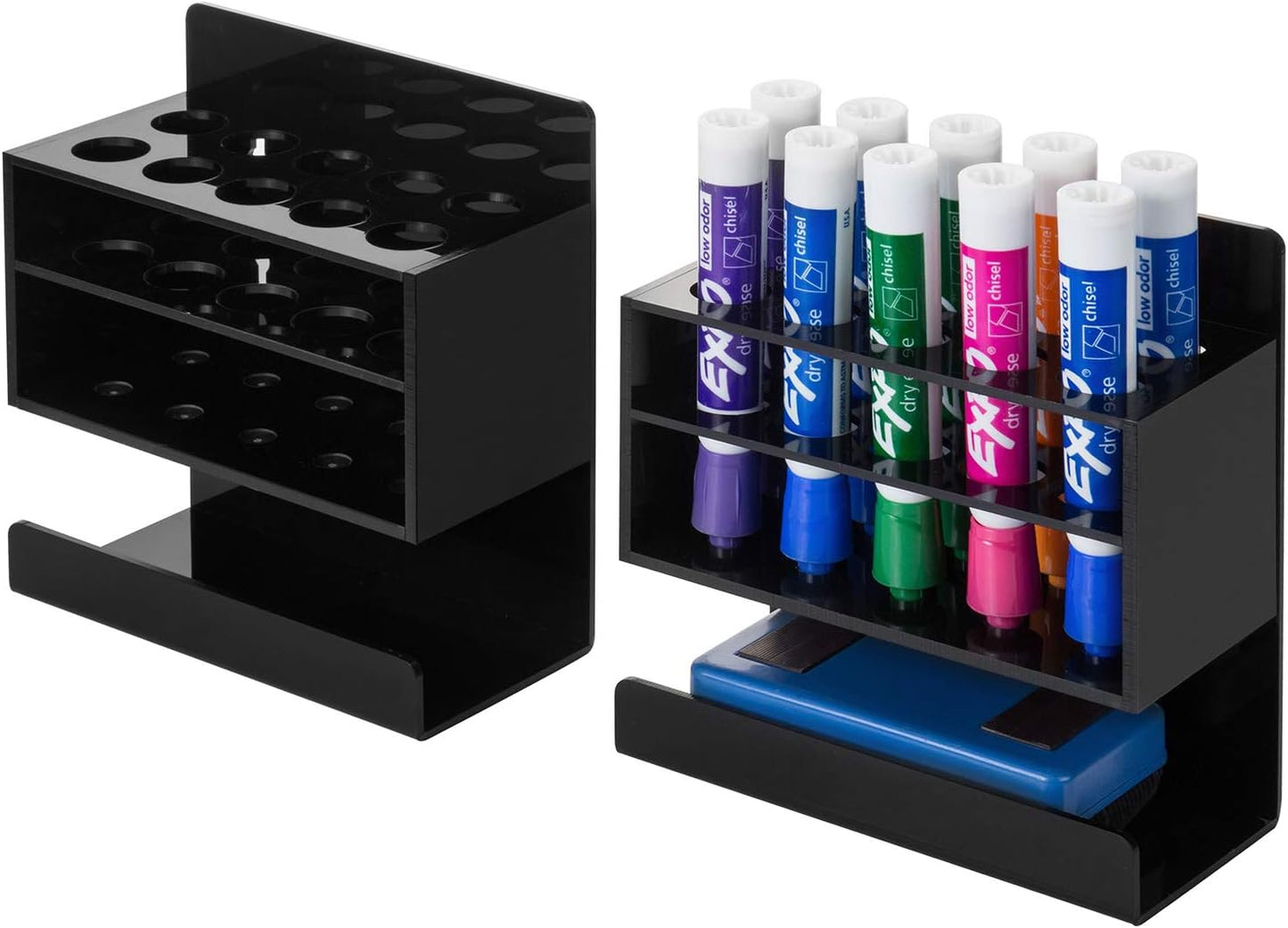 Wall Mounted Dry Erase Whiteboard Marker Holder Stand with 10 Marker Slots and Eraser Holder, Black Set of 2