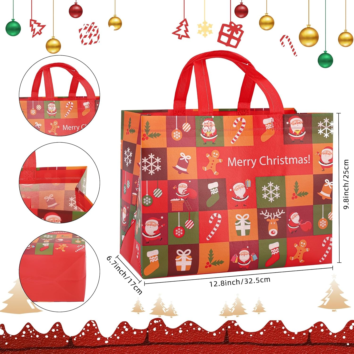 Christmas Gift Bags,9 Pcs Christmas Tote Bags with Handles for Shopping,Grocery Bags,Gifts Wrapping,Christmas Party Supplies Decorations,12.7"*9.8"*6.7" Reusable Gift Bags.