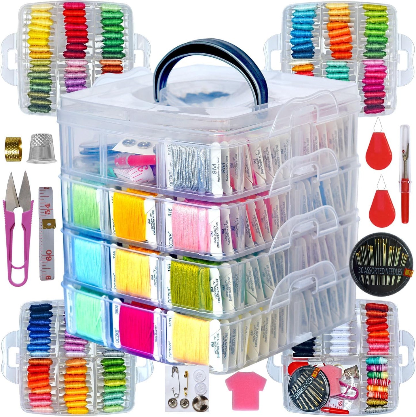 188 Embroidery Floss Set Including Cross Stitch Threads Friendship Bracelet String with 2-Tier Transparent Box, Floss Bobbins and Cross Stitch Kits