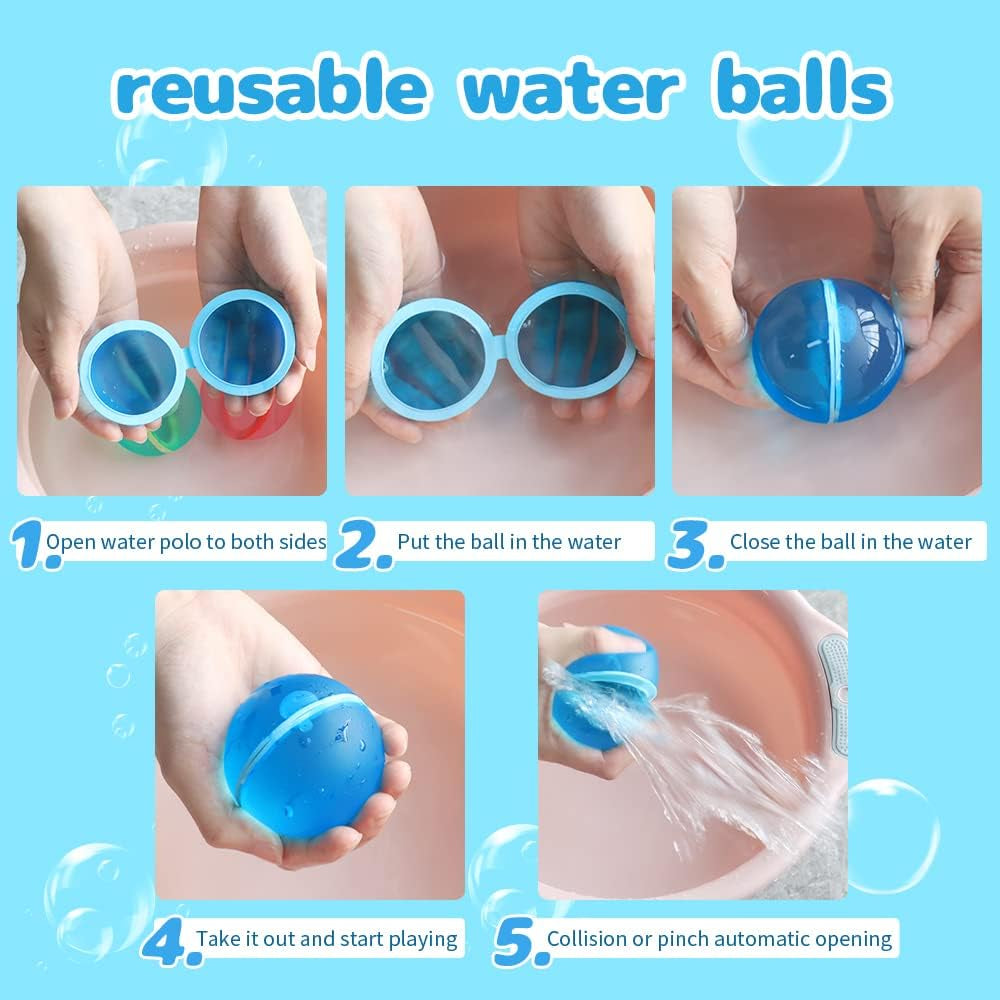 Reusable Water Balloons, Splash Water Bomb Balloons, Quick Fill Self Sealing, Magnetic Refillable Silicone Water Balloons for Kids Adults, Latex-Free Silicone Water Balloons, Pool Water Toys (6PCS)