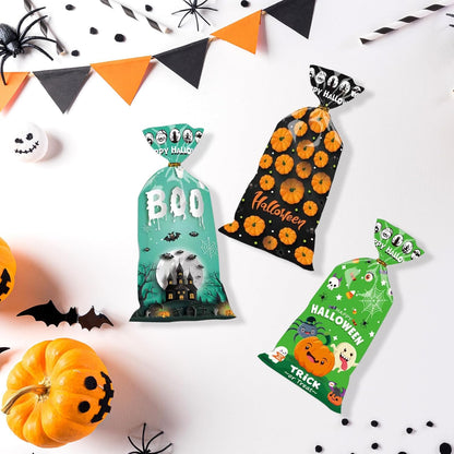 50 Pieces Halloween Treat Bags Trick or Treat Cellophane Plastic Candy Goodie Favor Bags with 50 Pieces Twist Ties for Kids Halloween Party Supplies, Pattern 03