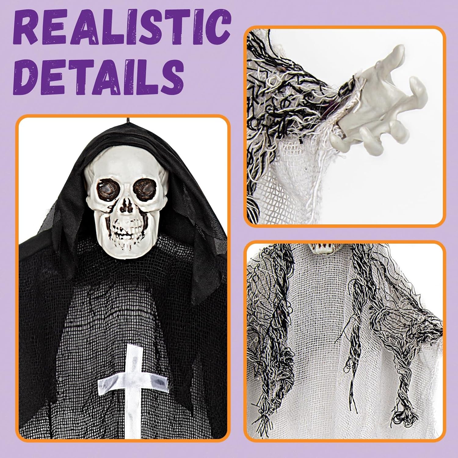 Halloween Hanging Skeleton Ghosts with Glowing Eyes (3 Pack), One 36” and Two 32” Flying Grim with Chains Reapers for Haunted House Prop Décor, Indoor/Outdoor Halloween