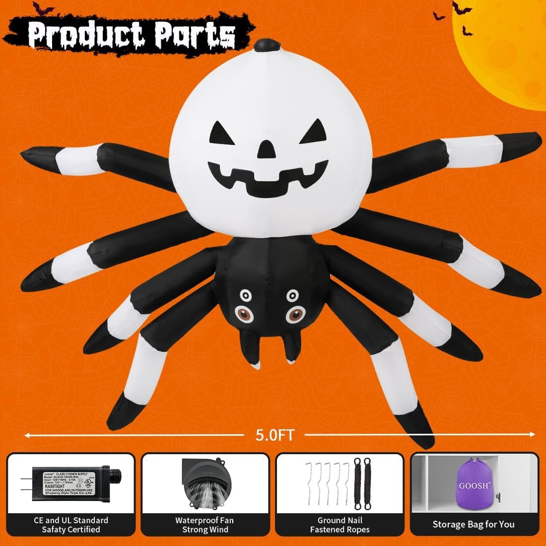 5 FT Width Halloween Inflatables Outdoor Decorations Spider with Magic Light, Blow up Yard Decorations with LED Lights for Party Yard Garden Lawn