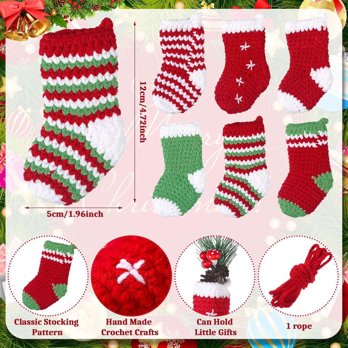 6 Pcs Mini Christmas Stocking Decorations Crochet Stocking Christmas Ornaments Christmas Advent Garland Stocking Hanging Ornaments for Christmas Tree Home Wall Holiday Party Gift, 4.8 Inch