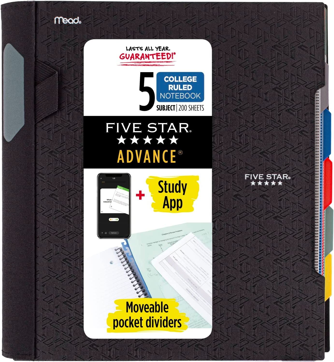 Spiral Notebook + Study App, 5 Subject, College Ruled Paper, Advance Notebook with Spiral Guard, Movable Tabbed Dividers and Expanding Pockets, 8-1/2" X 11", 200 Sheets, Black (73144)