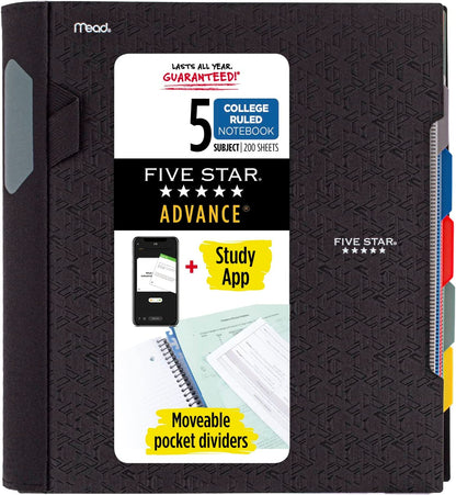Spiral Notebook + Study App, 5 Subject, College Ruled Paper, Advance Notebook with Spiral Guard, Movable Tabbed Dividers and Expanding Pockets, 8-1/2" X 11", 200 Sheets, Black (73144)