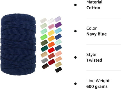 Macrame Cord,  3Mm Cotton Rope 220 Yards(200M) Twine String, 100% Natural Cotton Colored Macrame Rope for Macrame Kit, Plant Hangers, Wall Hanging, Christmas or Wedding Decorative(Navy Blue)