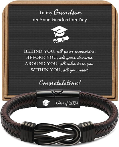 𝗚𝗿𝗮𝗱𝘂𝗮𝘁𝗶𝗼𝗻 𝗚𝗶𝗳𝘁𝘀 𝗳𝗼𝗿 𝗛𝗶𝗺 𝟮𝟬𝟮𝟰 High School, College Graduation Gifts for Men Class of 2024 Leather Stainless Steel Knot Bracelet, Graduation Gifts for Son Boyfriend Brother Grandson Friends