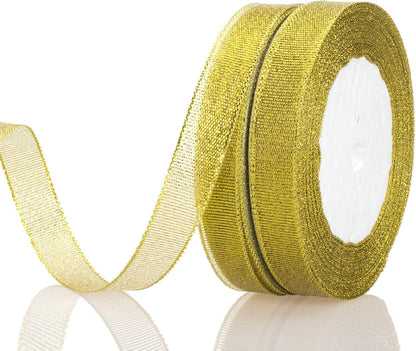 5/8 Inch Gold Glitter Ribbon, 50 Yards Sparkly Metallic Fabric Ribbons for Gifts Wrapping Wedding Party Decoration and Crafts