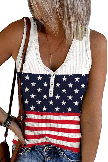 Womens American Flag Button V-Neck Tank Coloful Printed Sleeveless Patriotic Shirts Summer Tops