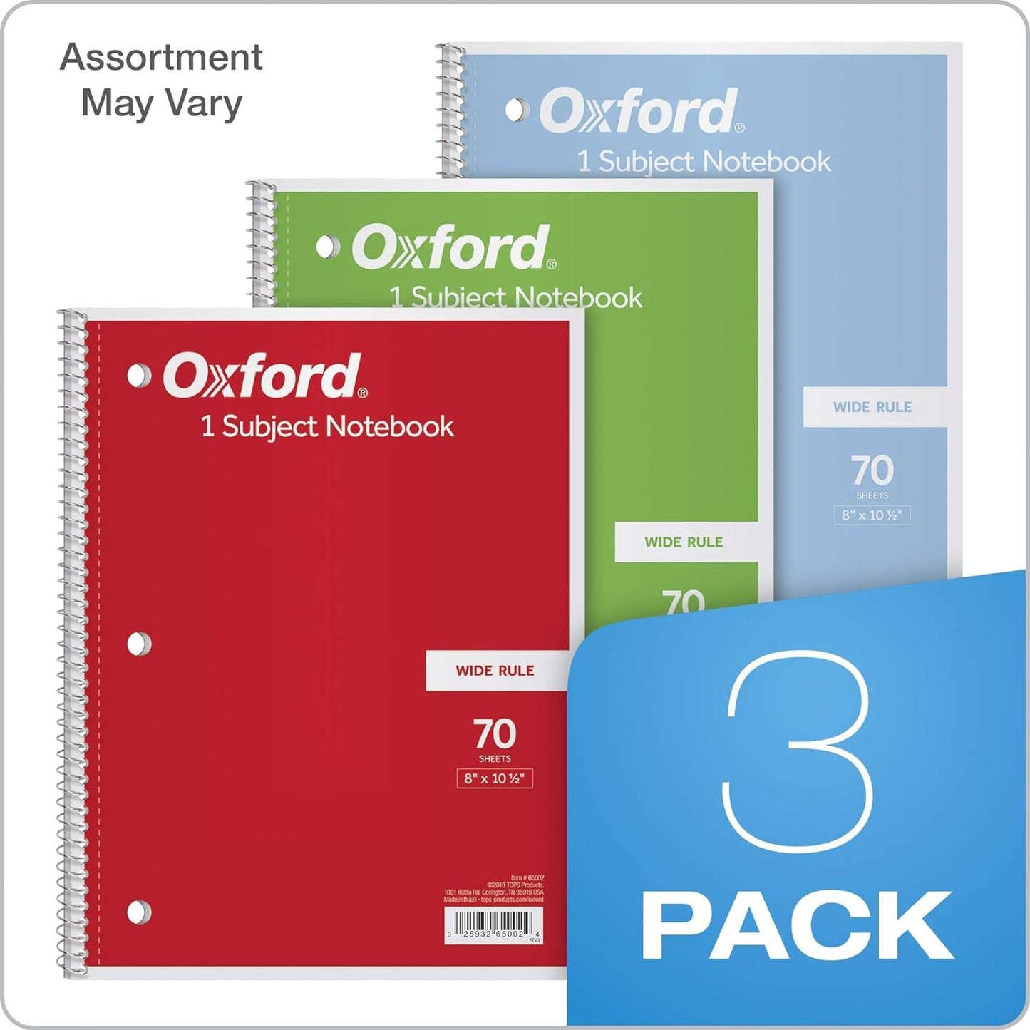 1-Subject Notebooks, 8" X 10-1/2", Wide Rule, 70 Sheets, 3 Pack, Color Assortment May Vary (65029)