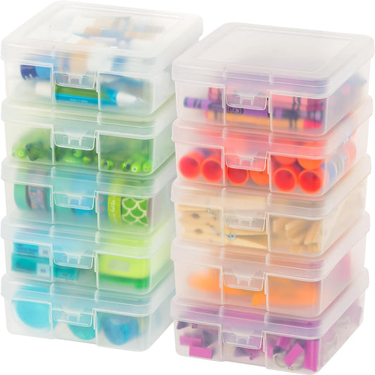 USA Plastic Pencil Case Box Craft Hobby Art School Supply Storage Organizer Container with Latching Lid, 10-Pack, for Bead Pens Ribbons Wahi Tape Sticker Yarn Ornaments, Stackable, Clear, Small