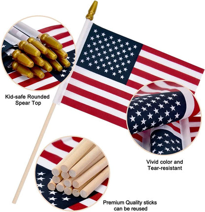 12 Pack Small American Flags Small US Flags/Mini American Flag on Stick 4X6 Inch US American Hand Held Stick Flags with Kid-Safe Spear Top, Polyester Full Color Tear-Resistant Flag