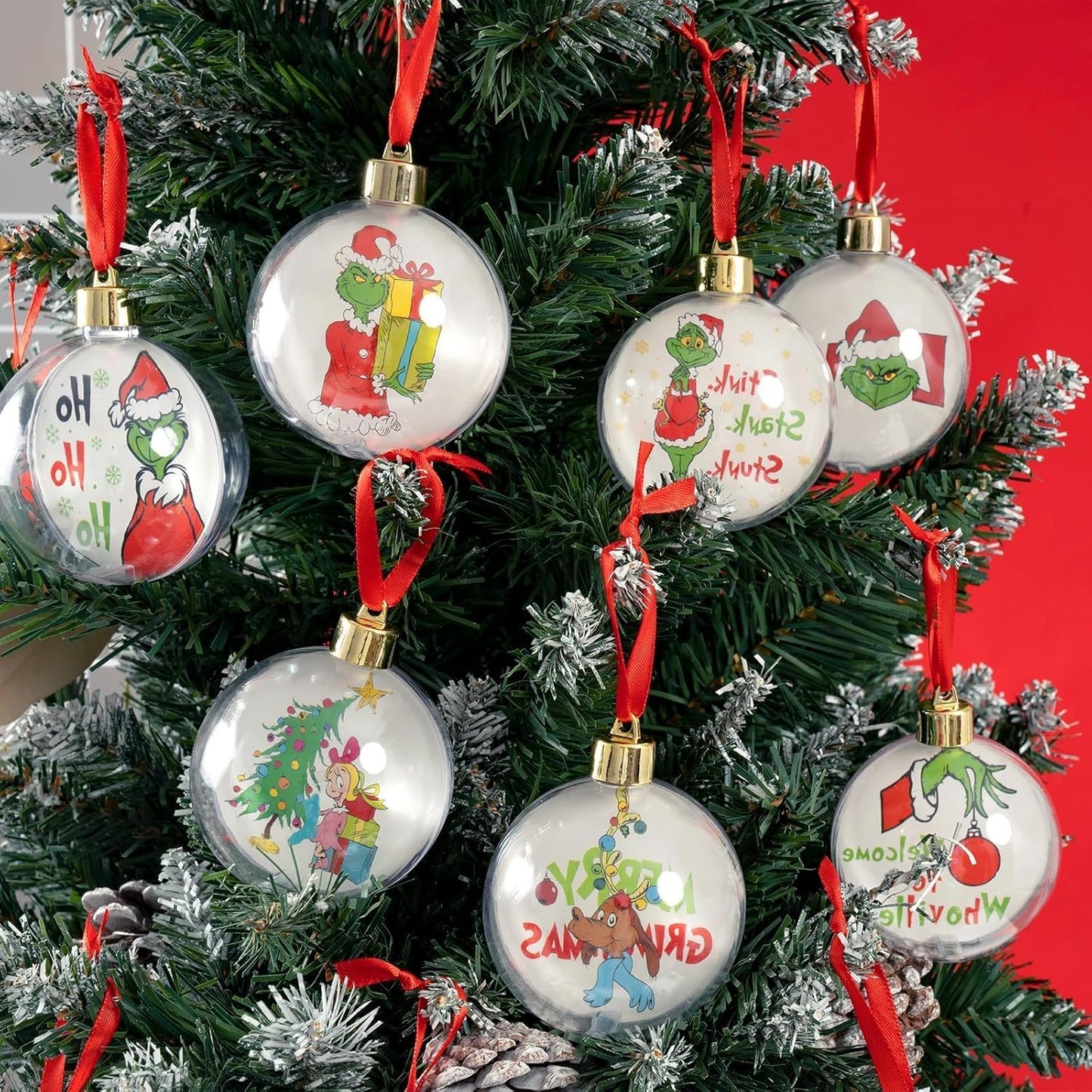 Christmas Ball Ornaments Hanging Decorations - 10Pcs Acrylic Clear Christmas Ornaments Balls with Green Gnome Cards for Tree Christmas Crafts Party Decorations