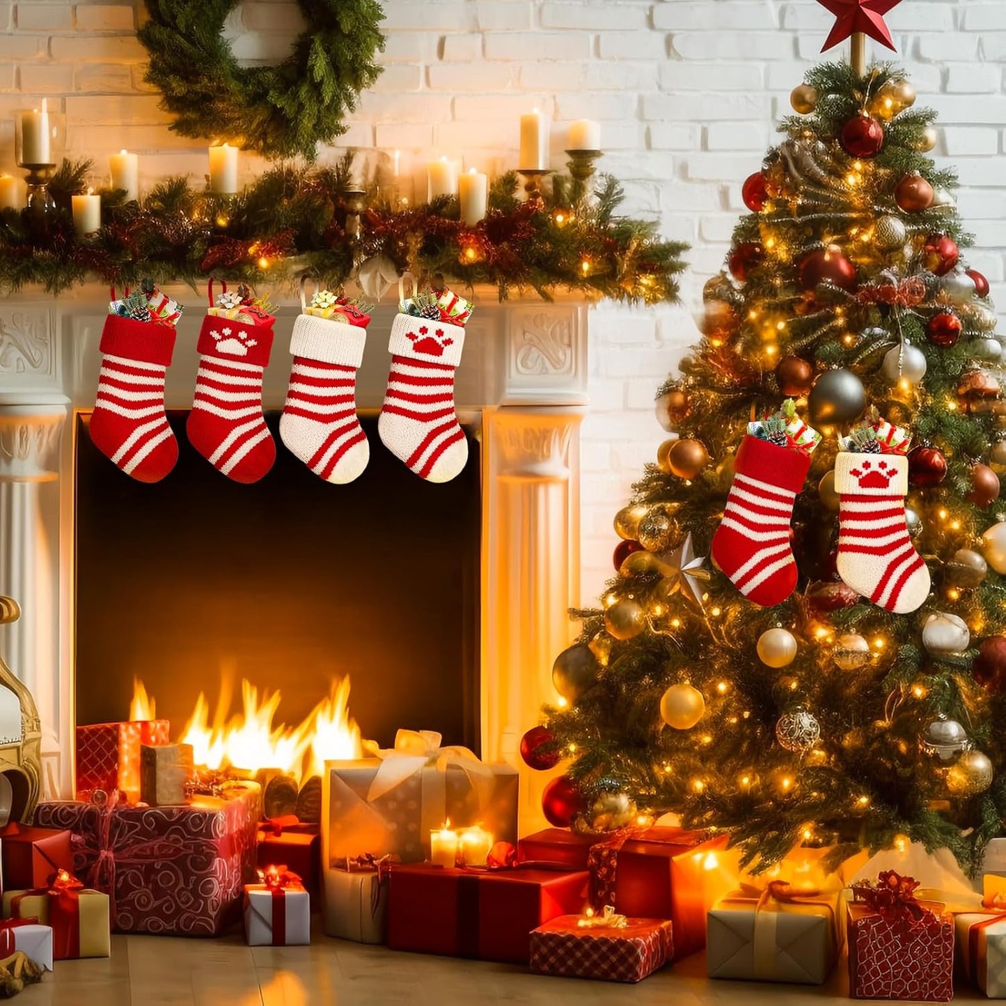 2Pcs Knited Christmas Stockings 8'' Red White Strips Chirstmas Stockings Small for Holiday Hanging Decor on Fireplace Shelf Christmas Home Decroation