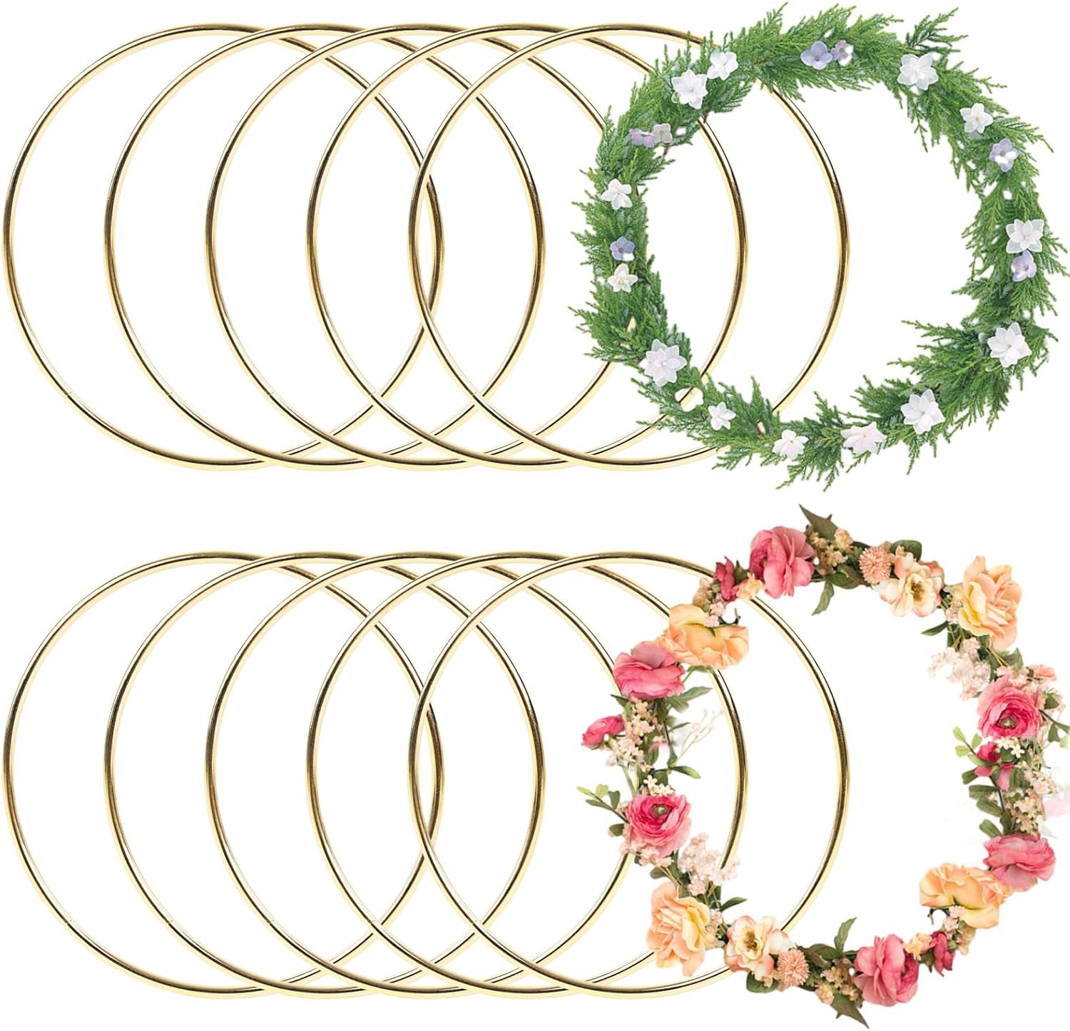 Dream Catcher Rings, 10PCS Wreath Macrame Rings Gold Metal Floral Hoops for Making Wedding Wreath Decor Wall Hanging Crafts, 5 Sizes