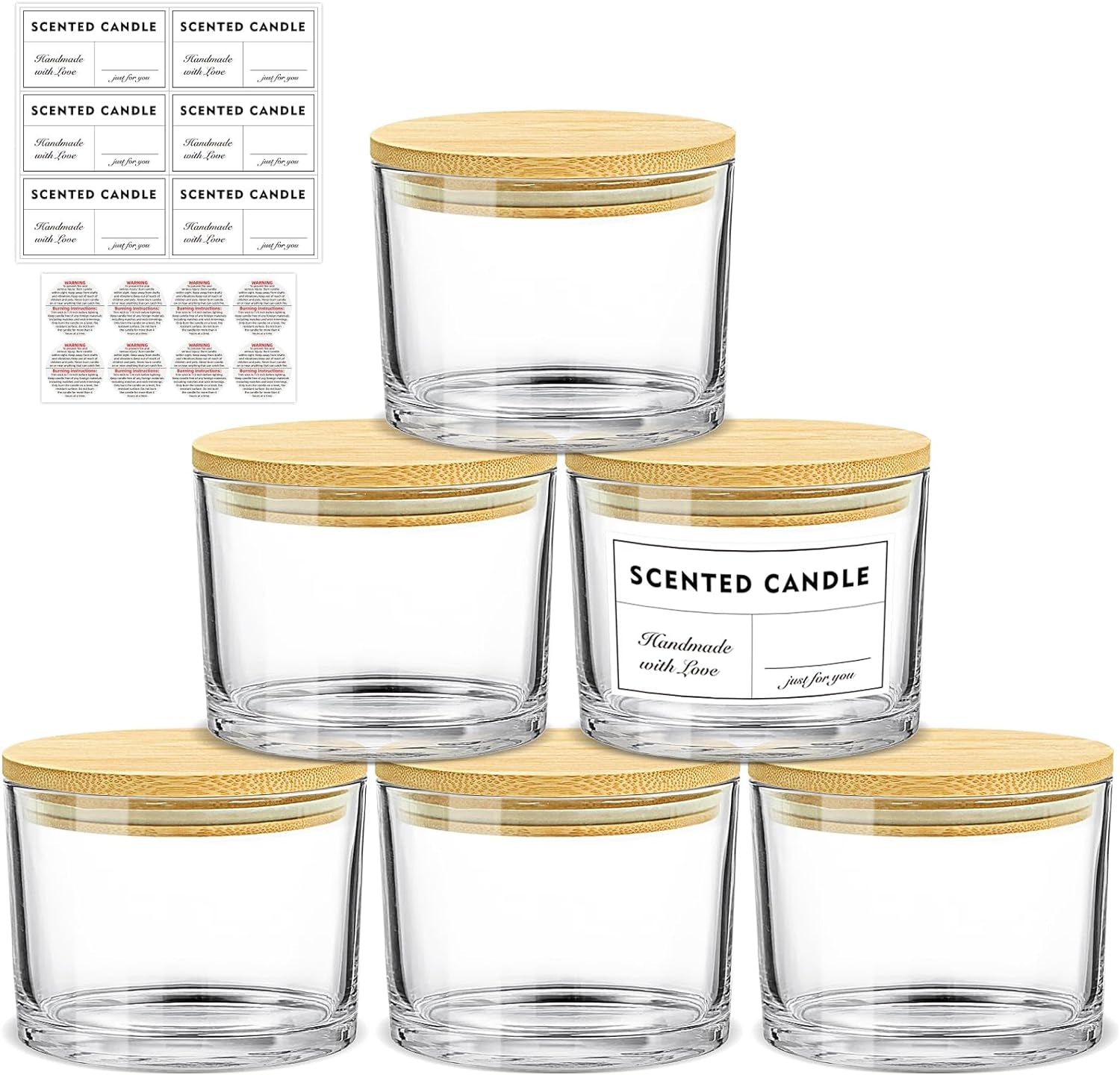 16Oz Candle Jars 6 Pack - 3 Wick Large Empty Clear Glass Candle Making Jars with Bamboo Lids, with Stickers and Labels, Bulk Candle Jars for Making Candles Containers - Dishwasher Safe