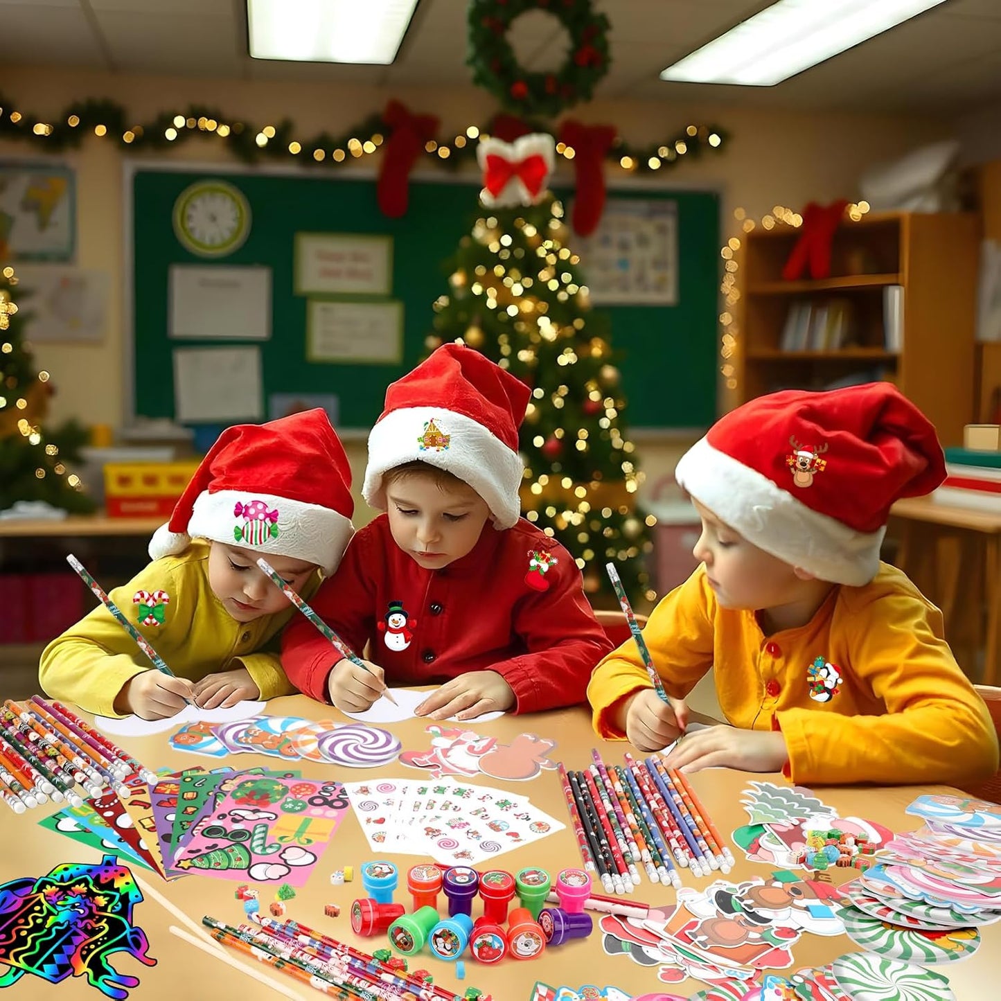 Christmas School Stationery Set Party Favors Xmas Classroom Gift Prizes Bulk for Students Kids Holiday Stockings Pinata Filler Christmas School Goodie Bag Stuffers Decor（12Set Christmas）