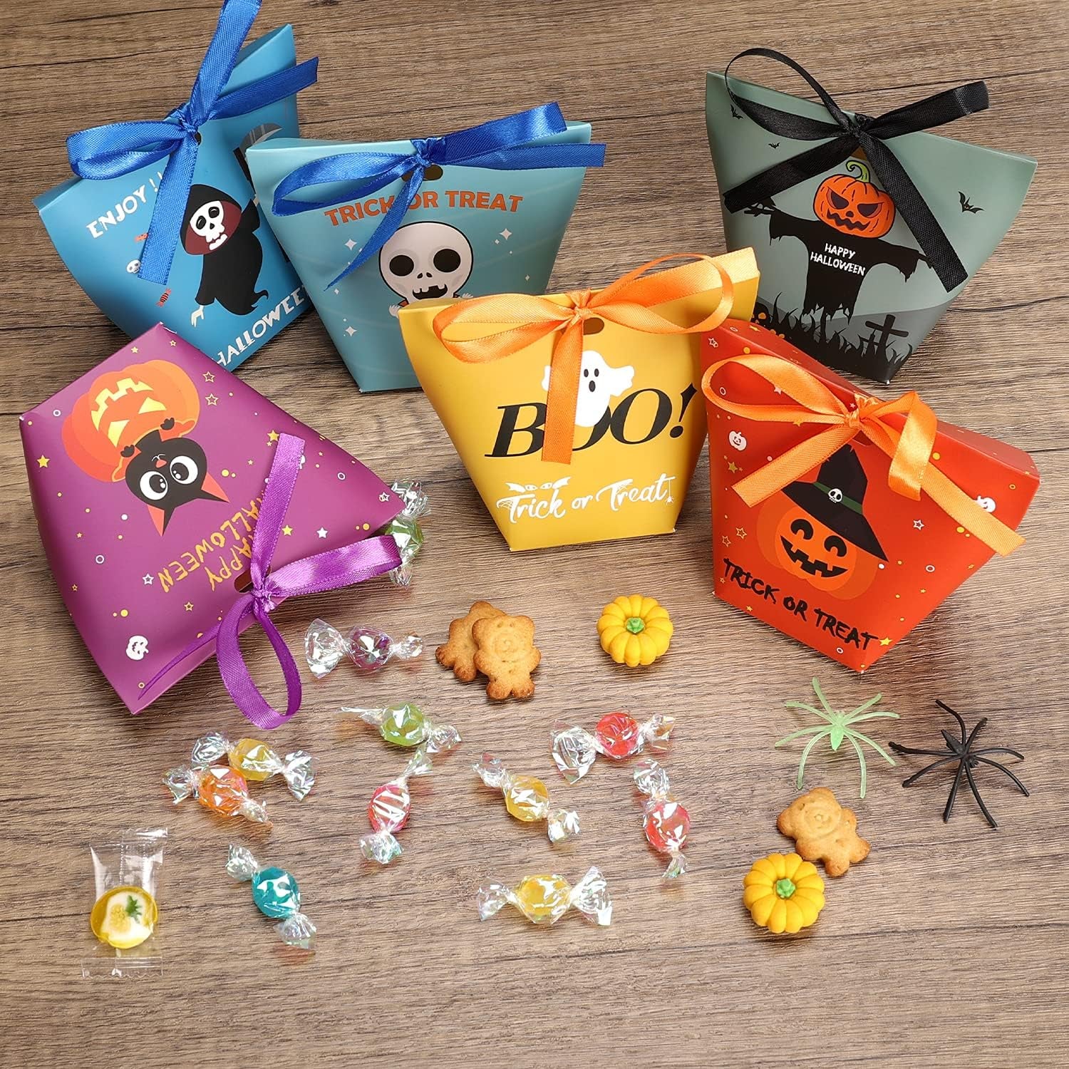 Halloween Candy Bags Treat Bags - 36PCS Halloween Decorations Halloween Party Supplies for Treat or Trick, Halloween Treat Bags for Kids, 9 Pattern Designs Halloween Party Favors with Ribbons