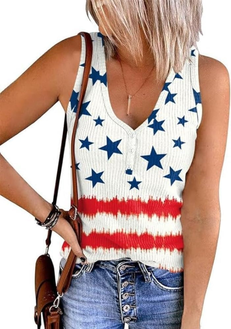 Womens American Flag Button V-Neck Tank Coloful Printed Sleeveless Patriotic Shirts Summer Tops