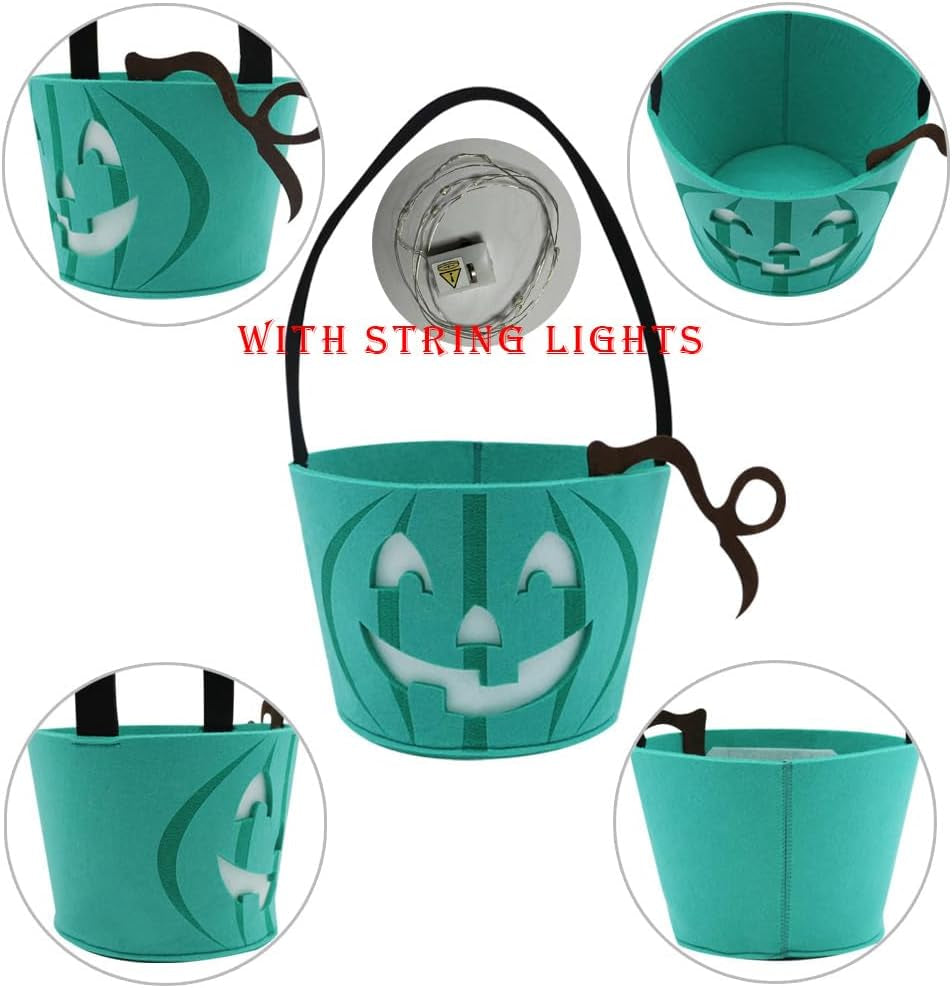 Light up Teal Pumpkin Halloween Felt Trick or Treat Bucket, with Blue LED Lights, Halloween Party Favors, Halloween Snacks, Halloween Goodie Bags for Kids, Novlety Gifts