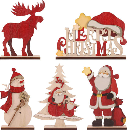 Christmas Decorations, Rustic Wooden Xmas Tabletop Decor, with Snowman/Reindeer/Xmas Tree/Santa Claus/Christmas Sign. for Home Farmhouse Indoor Holiday Party Decor - 5PCS.