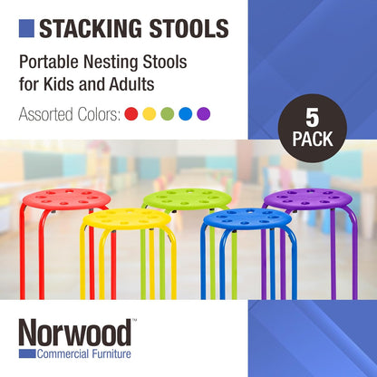Stacking Stools for Kids and Adults, 17.75" Standard Height Portable Nesting Office and Classroom Stools, Assorted Color, Pack of 5