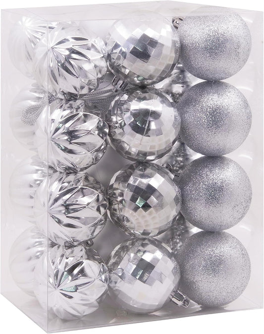 Silver Christmas Ball Ornaments, Set of 24 Christmas Baubles, Shatterproof