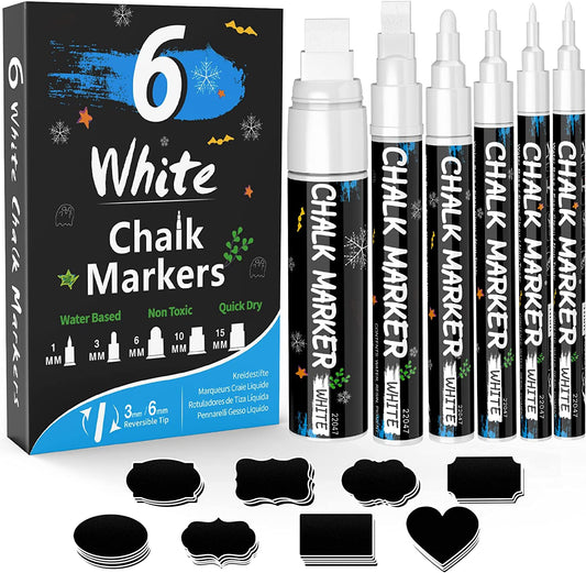 White Window Chalk Markers Pen: 6 Pack White Glass Marker, Liquid Chalk Marker for Chalkboard Signs, Car Window Paint Marker Pen for Bistro, Jars, Erasable, Non-Toxic, 5 Nib Sizes (1, 3, 6, 10, 15Mm)