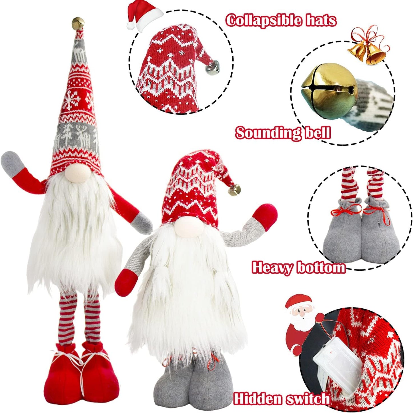 2Pc Large Lighted Standing Christmas Gnome Decorations 21Inch with Spring Leg Light up Christmas Knome Gift for Home Decor