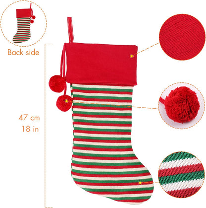 2 Pack 18'' Large Size Heavy Knit Christmas Stockings with Pom Pom Balls, Rustic Xmas Knitted Personalized Stocking Decoration for Family Holiday Season Décor, Red Green Beige Stripe