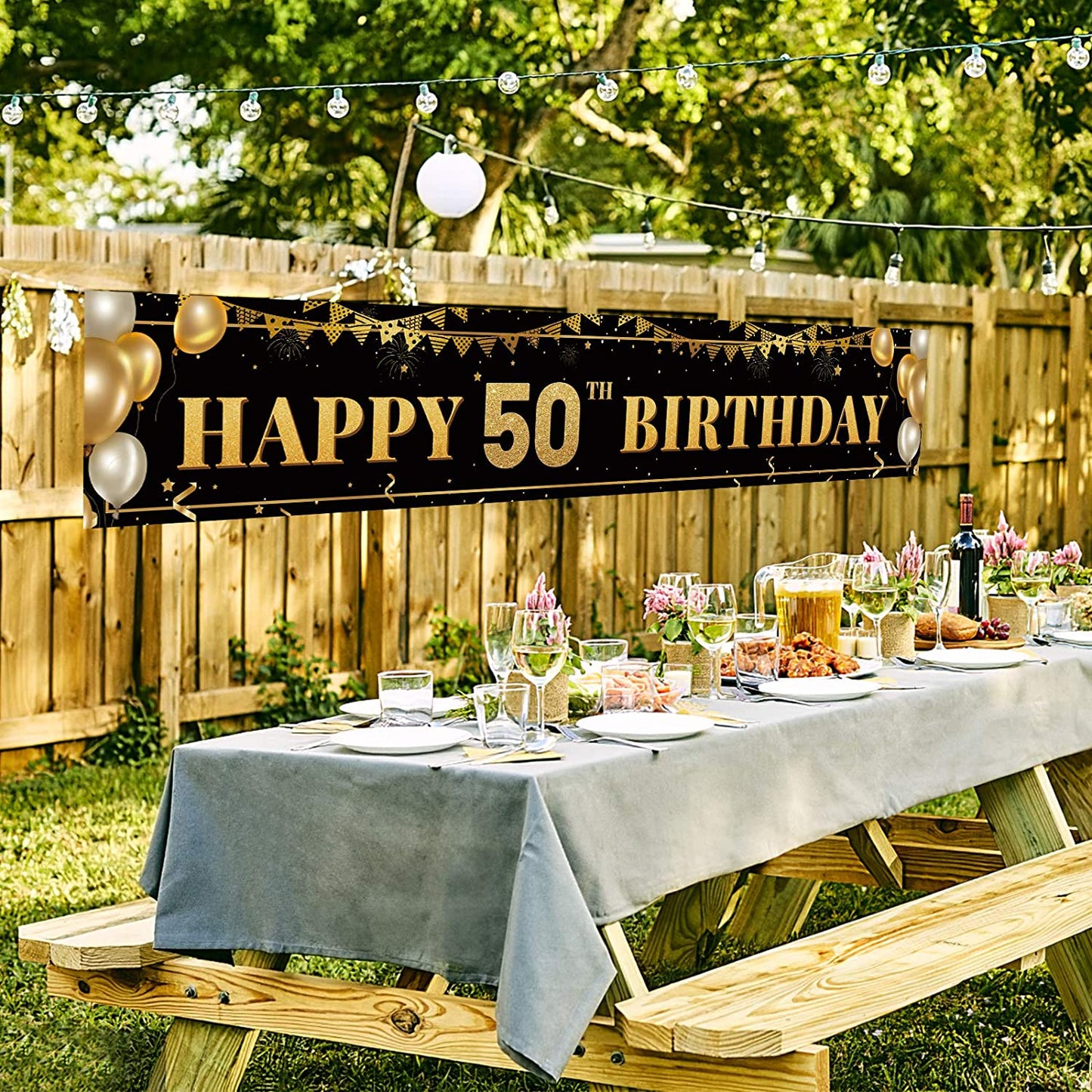 Large Happy 50Th Birthday Decoration Banner, Black and Gold Happy 50Th Birthday Banner Sign, 50Th Birthday Party Decorations Supplies(9.8X1.6Ft)