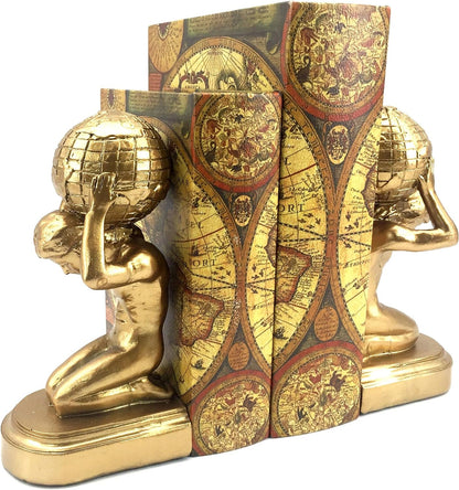 22968 Decorative Bookends Atlas Globe Greek Statues European Art Book Ends Stopper 7 Inch Golden