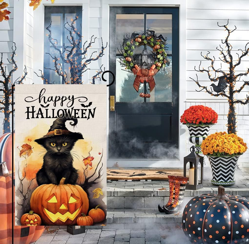 Halloween Cat Garden Flag 12X18 Vertical Double Sided Happy Halloween Pumpkin Holiday outside Decorations Burlap Yard Flag BW479