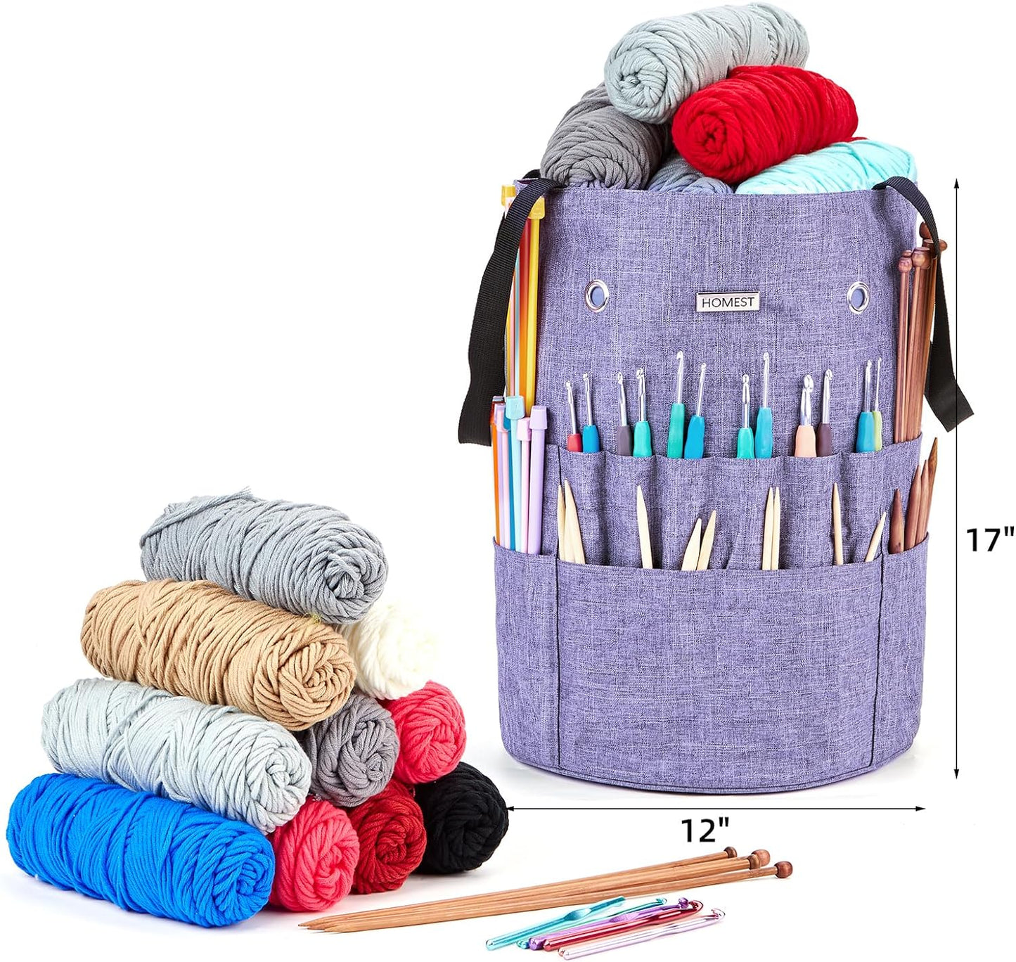 Large Crochet Bag with Customized Front Compartment for Knitting Accessories, Yarn Storage with 6 Oversized Grommets, Tote Organizer with Drawstring Closure, Purple, Bag Only
