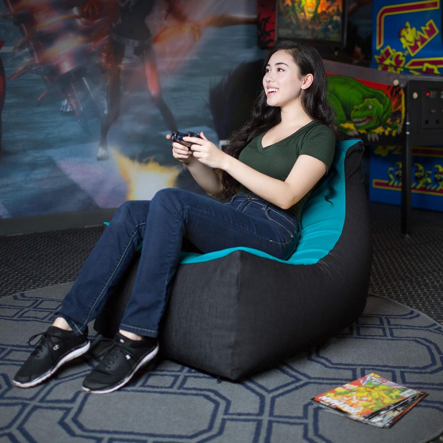 Pixel Gamer Bean Bag Chair, Premium Vinyl/Dark Denim, Turquoise