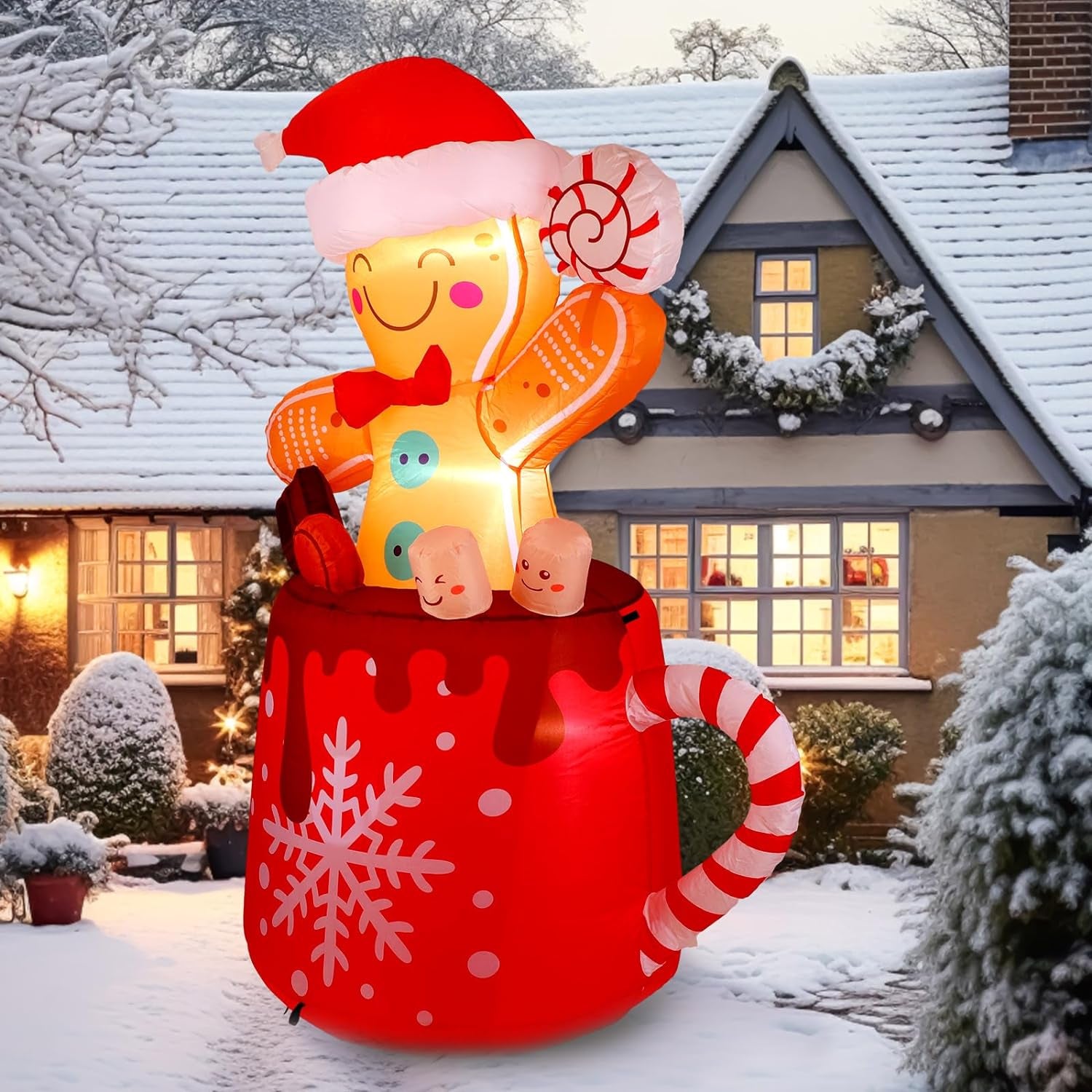 6 FT Christmas Inflatables Gingerbread Inflatable Christmas Outdoor Decorations Cute Blow up Gingerbread Man in Hot Cocoa Mug with LED Light for Yard Garden Lawn Xmas Holiday Party Decor