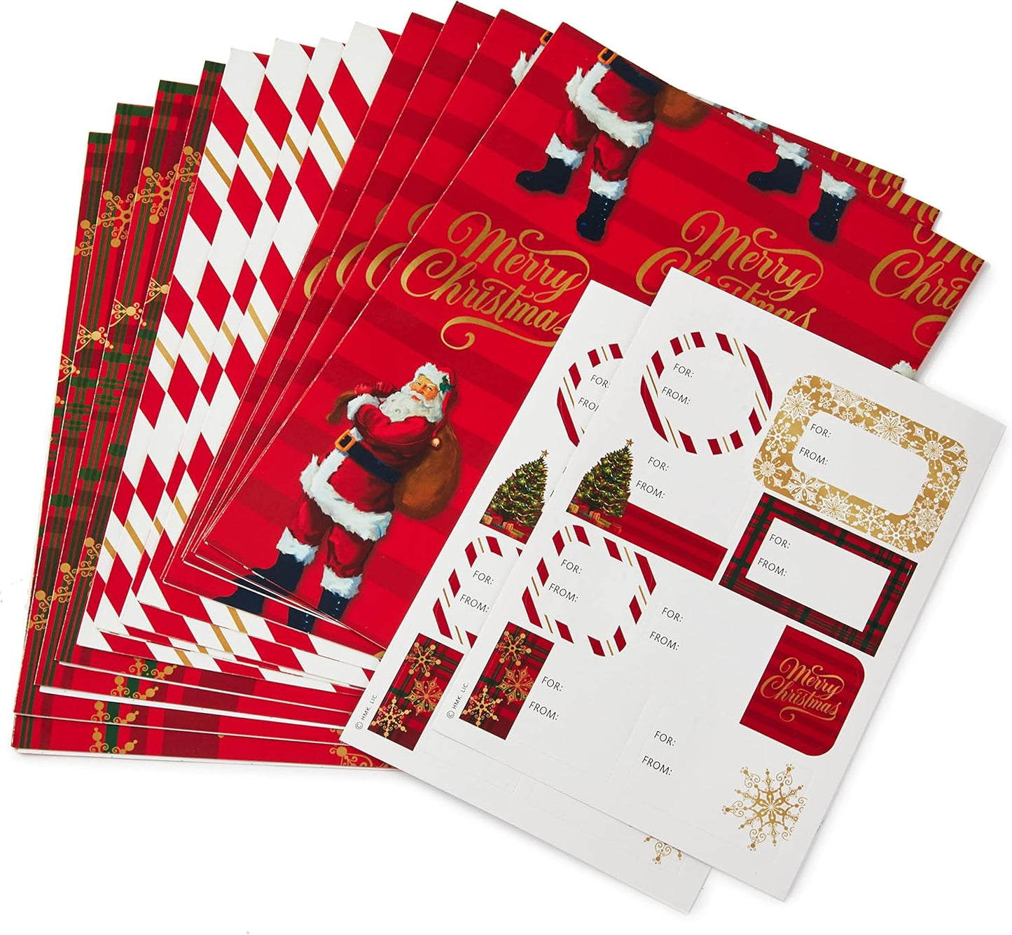 Christmas Flat Wrapping Paper Sheets - Red Gift Wrap Paper (12 Folded Sheets with Sticker Seals) Red, White and Gold Stripes, Santa Claus, Snowflakes on Plaid