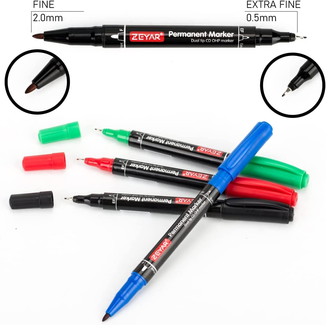 Twin Tip Permanent Markers, CD/DVD Markers, 4 Color, Ultra Fine Point and Fine Point for Signature and Marking (3 Black, 1 Red, 1 Green, 1 Blue)