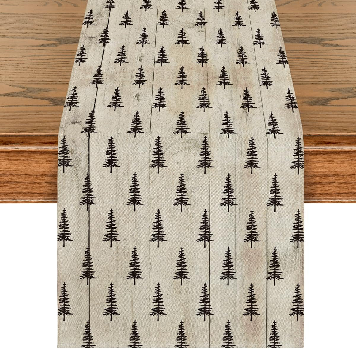 Wood Xmas Tree Christmas Table Runner, Seasonal Winter Kitchen Dining Table Decoration for Home Party Decor 13X72 Inch