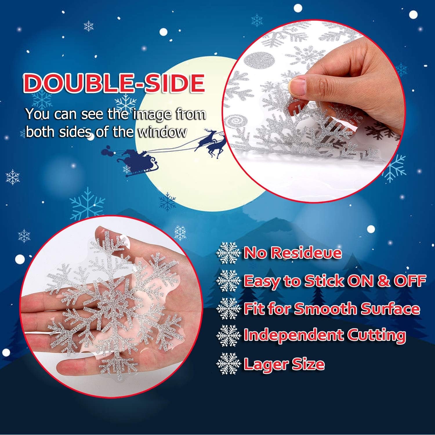 190 Pcs Christmas Window Clings Glitter Snowflake Window Decals for Glass Winter Xmas Navidad Decorations (Sliver)