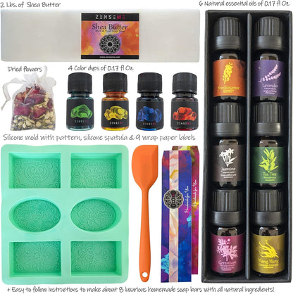 Soap Making Kit for Adults, Make Your Own Soap with Melt and Pour Diy Natural Soap Supplies; 6 Essential Oils, Silicone Soap Mold, Spoon, Dried Flowers, 2Lbs. Shea Butter Soap Base, 4 Colors, 9 Labels