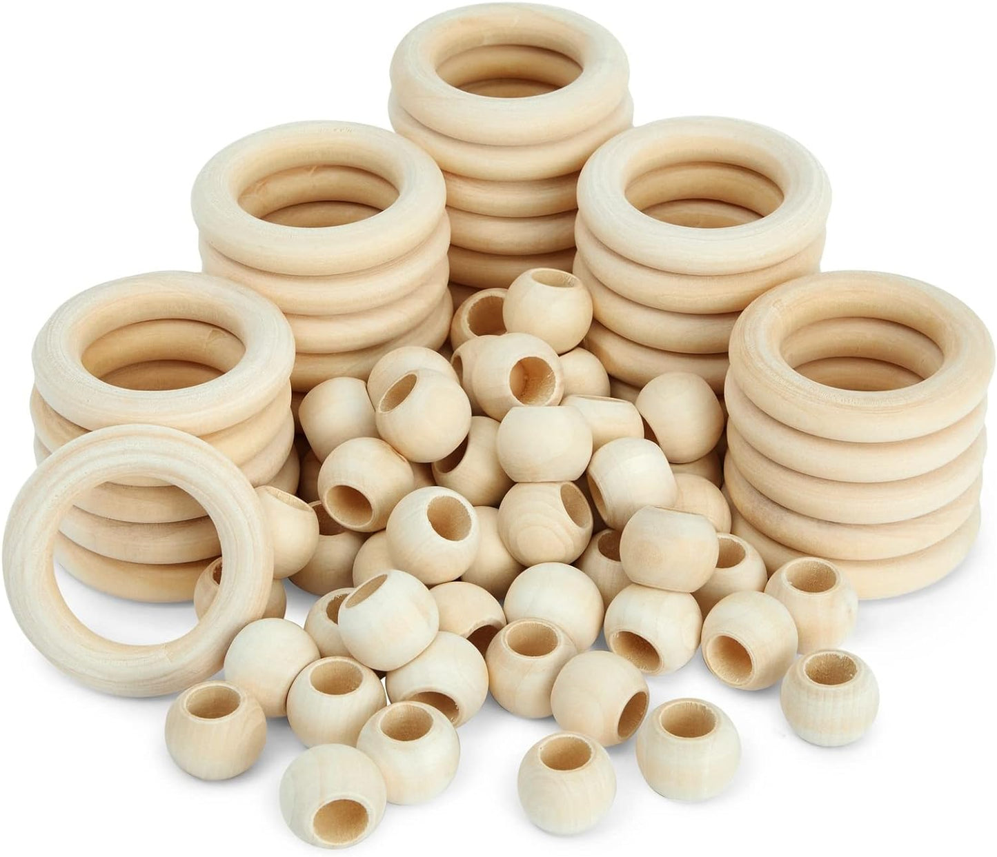 Set of 50 Wooden Beads and 30 Wood Rings for Macrame, DIY Pendant Connectors, Wall Hanging Craft (Rings 2.2 In/Beads 20Mm)