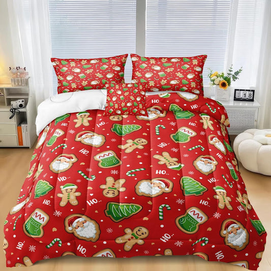 Christmas Comforter Set King Gingerbread Man and Christmas Stock Design Green Christmas Tree Printed Red Christmas Bedding Set