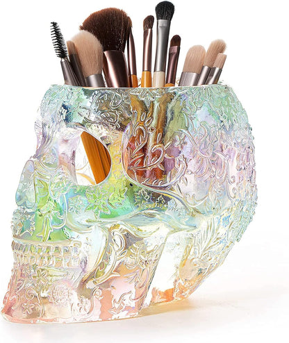 Skull Makeup Brush and Pen Holder Extra Large, Strong Resin Extra Large Storage Organizer - Halloween, Unique, Spooky, Goth, Gothic Gifts for Her, Him - by Gute (Iridescent)