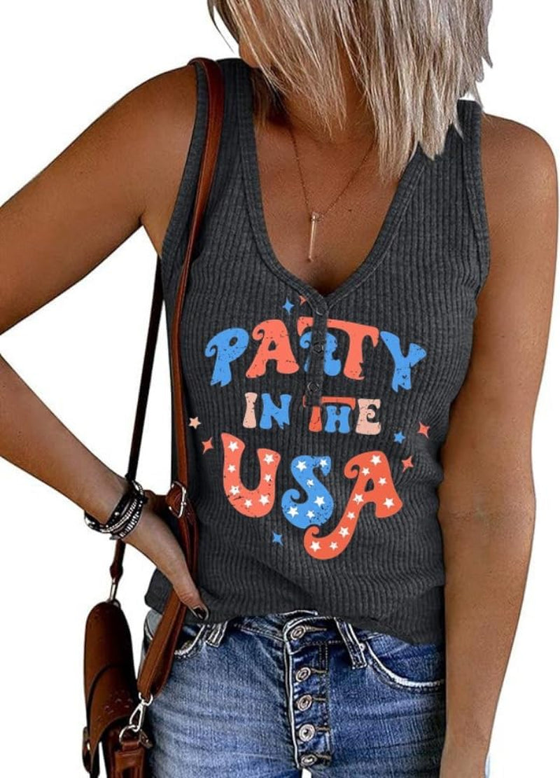 Womens American Flag Button V-Neck Tank Coloful Printed Sleeveless Patriotic Shirts Summer Tops