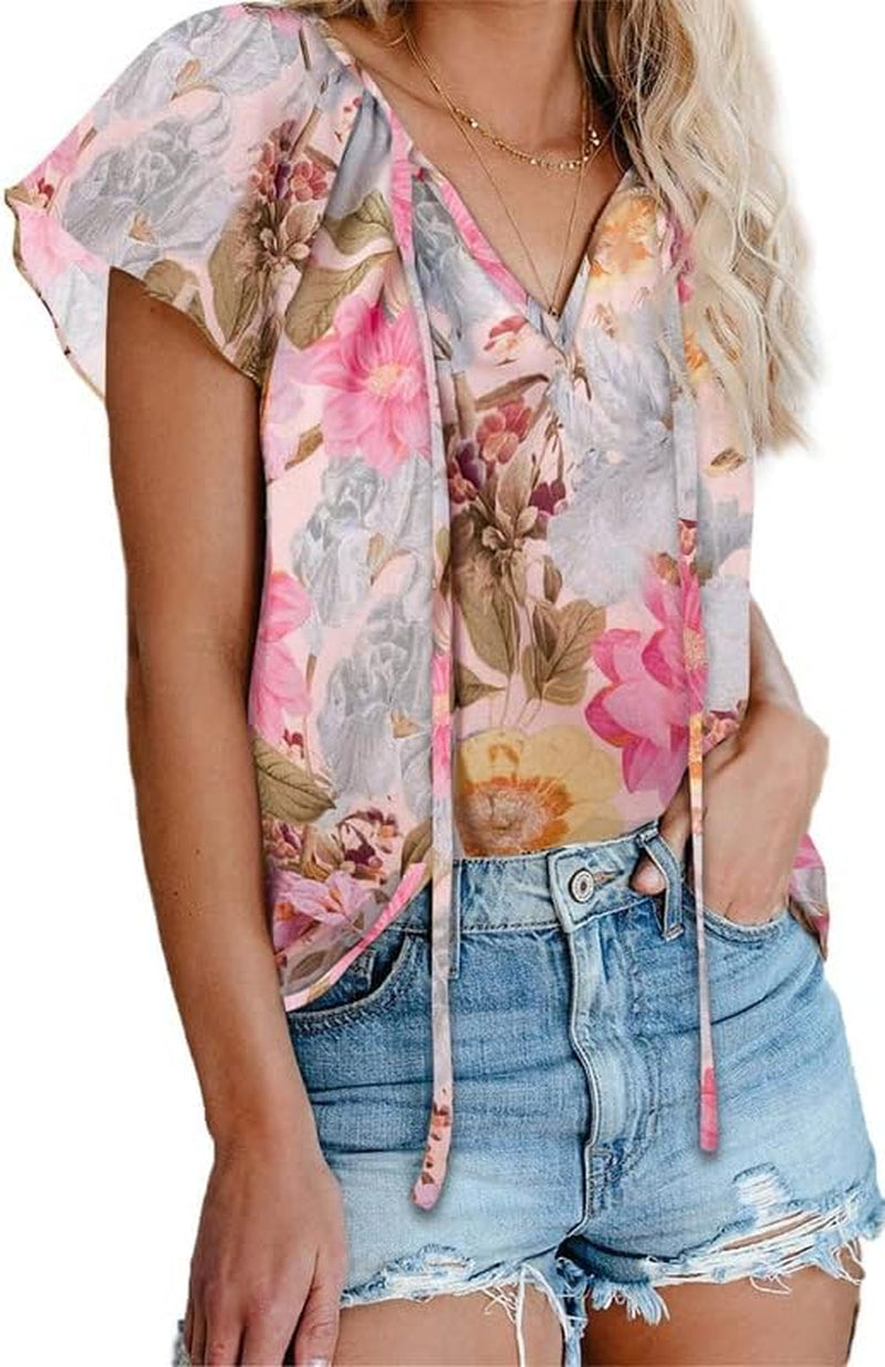 Women'S Casual Boho Floral Printed V Neck Tops Drawstring Short Long Sleeve T Shirt Blouses