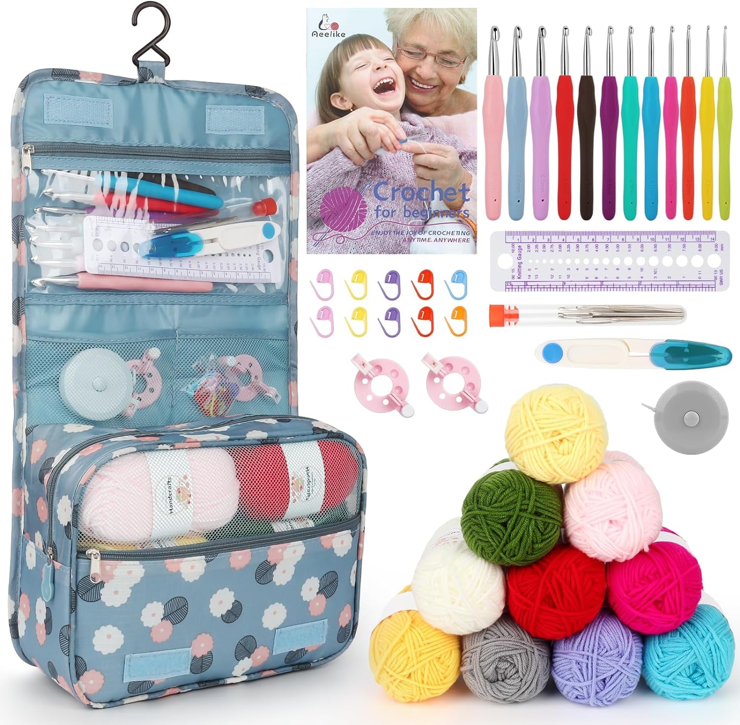 Crochet Kit for Beginners with 15 Colors Yarn and Introduction Book, 71Pcs Crochet Starter Kit Everything for Adult, Learn to Crochet Kit with Soft Grip Crochet Hooks and Blue Cat Bag