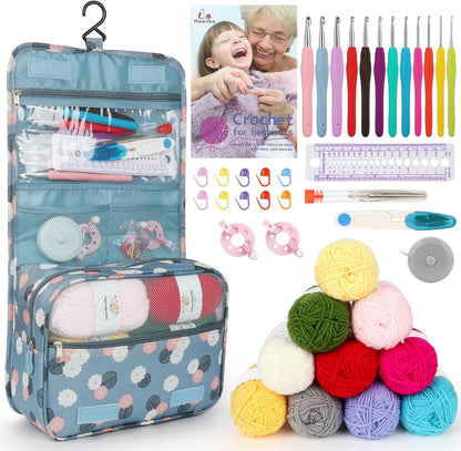 Crochet Kit for Beginners with 15 Colors Yarn and Introduction Book, 71Pcs Crochet Starter Kit Everything for Adult, Learn to Crochet Kit with Soft Grip Crochet Hooks and Blue Cat Bag